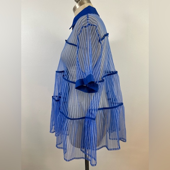 C Yard Blue Sheer Striped Button Front Peplum Top, Size Large - Picture 4 of 12